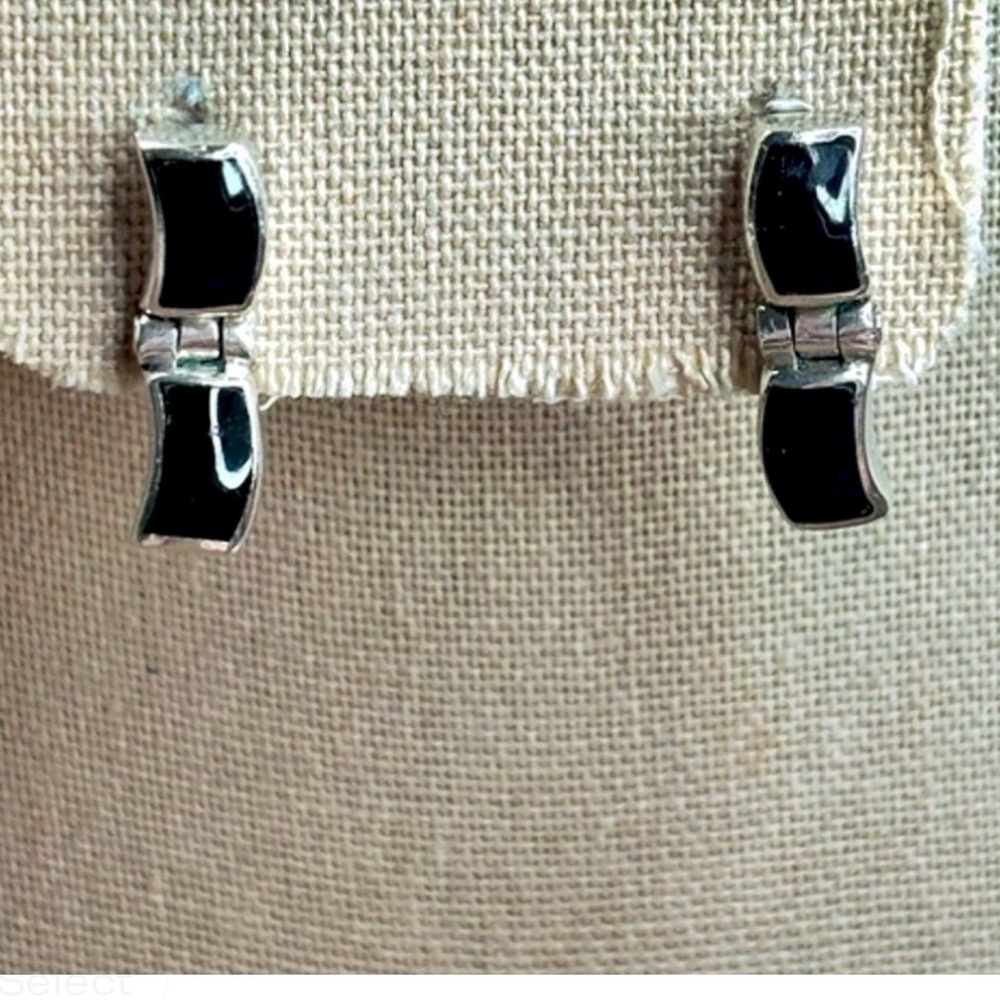 Taxco Sterling Silver 950 Black Onyx hinge Earrings Vintage